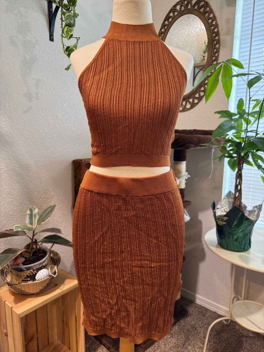 Free People Rib-Knit Terra Cotta Halter Crop Top & Skirt Set - Women